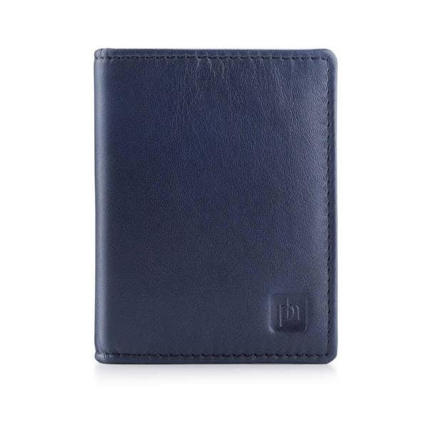 Navy leather wallet with a brand logo on a white background
