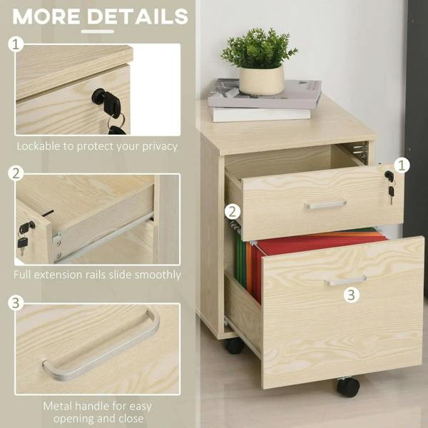 Oak locking filing cabinet close-up: key lock, drawer handle and smooth rails