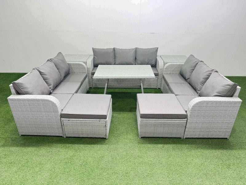 Fimous 11 Seat Outdoor PE Rattan Garden Furniture with Cushions 3 Seater Sofa 2 Side Tables 2 Big Stools Light Grey