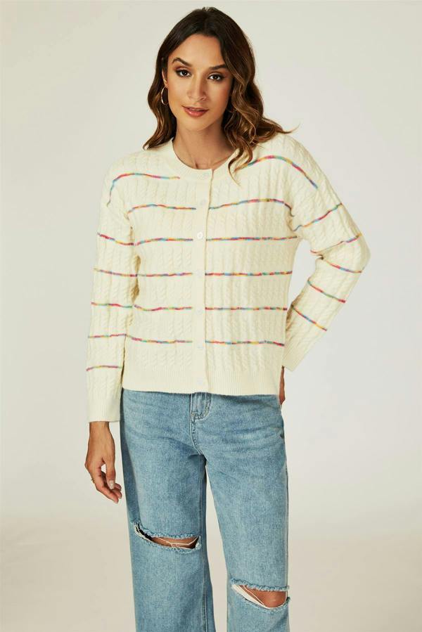 FS Collection Rainbow Stripe Knitted Cardigan In White