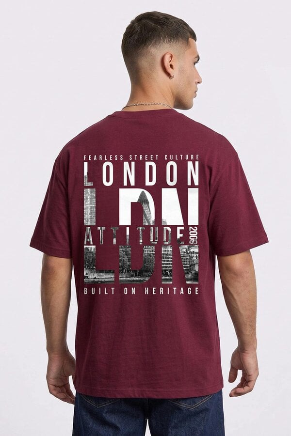 London Attitude Fearless Street Culture Oversized Heavyweight Graphic T-Shirt - Garnet