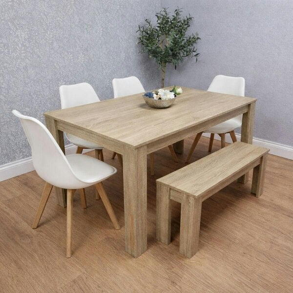 Kosy Koala Oak Effect Dining Table Set With 4 White Plastic Chairs And Bench Dining Room Furniture