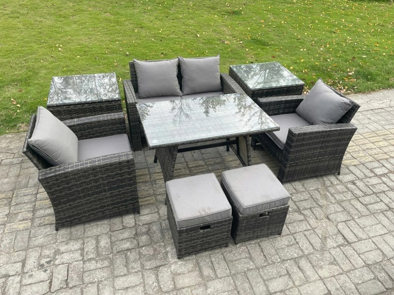 Fimous Rattan Wicker Garden Dining Set - Dark Grey Mixed Patio Conservatory Furniture with Rectangular Table, Armchair & 2-Seater Sofa