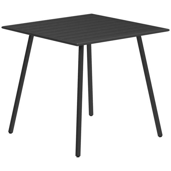 Black square outdoor table with slat top and four steel legs