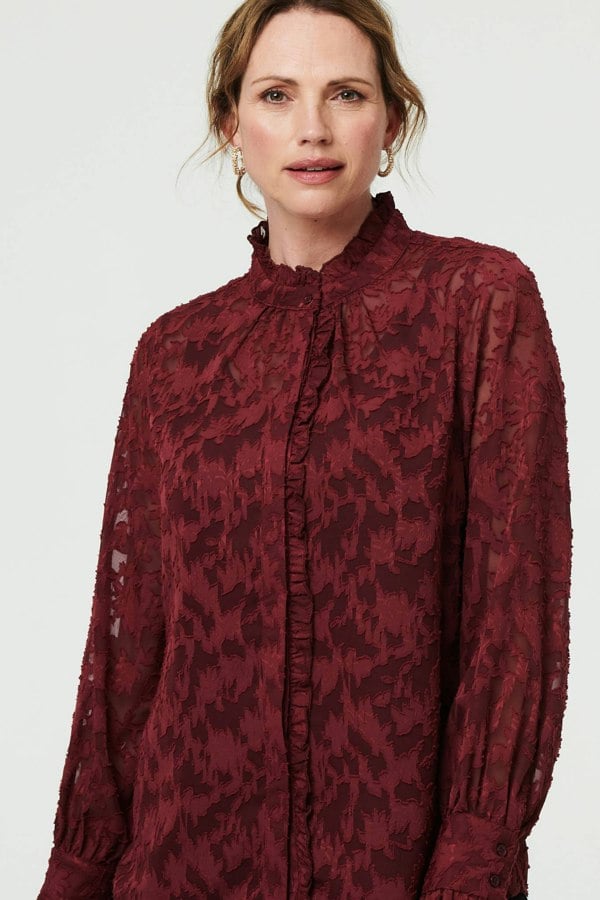 Red | Lace Frill Semi Sheer Long Sleeve Blouse
