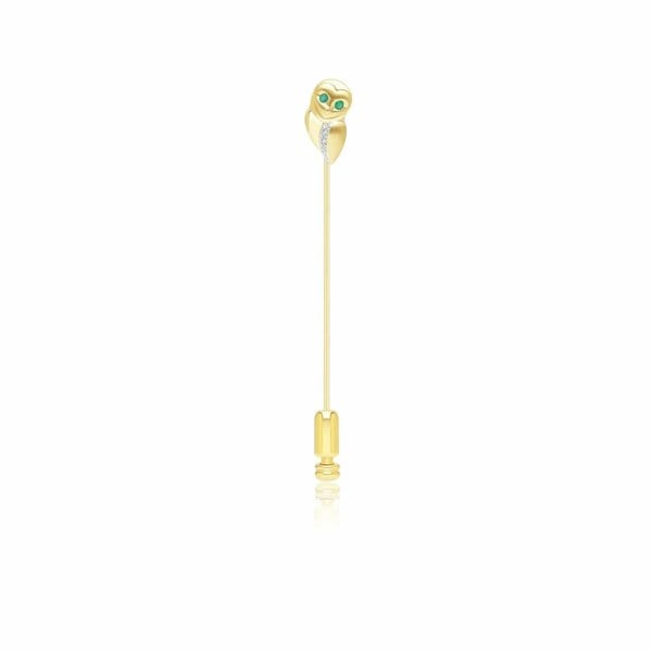 135T0003029 Gardenia Emerald and White Sapphire Owl Lapel Pin in 9ct Yellow Gold Front