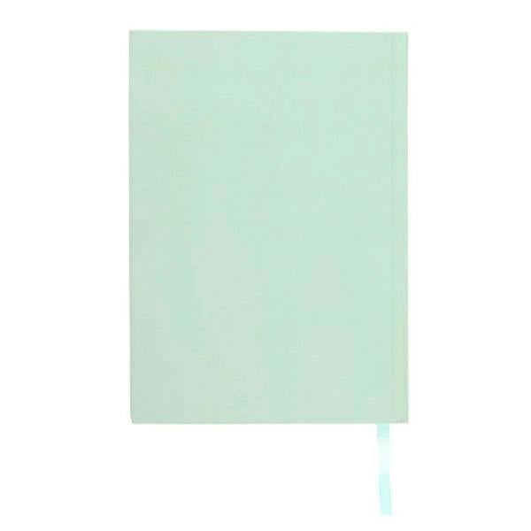 Mint A5 reading journal notebook with plain back cover and ribbon bookmark.