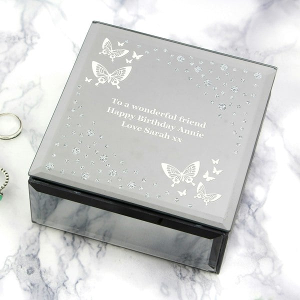 Personalised Memento Company Personalised White Butterfly Diamante Glass Trinket Box