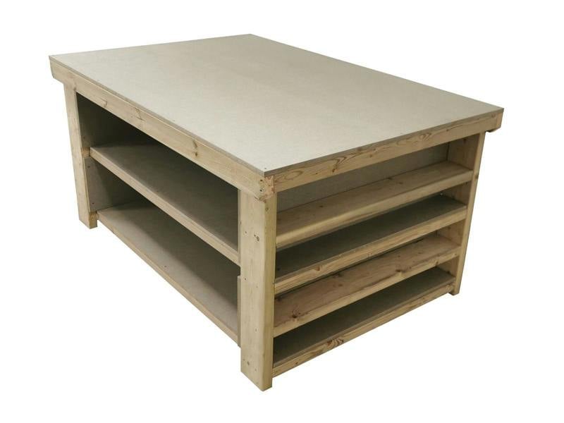 Wooden uniMDF top workbench with extra shelving, featuring a solid timber frame and smooth uniMDF work surface designed for practical workshop use