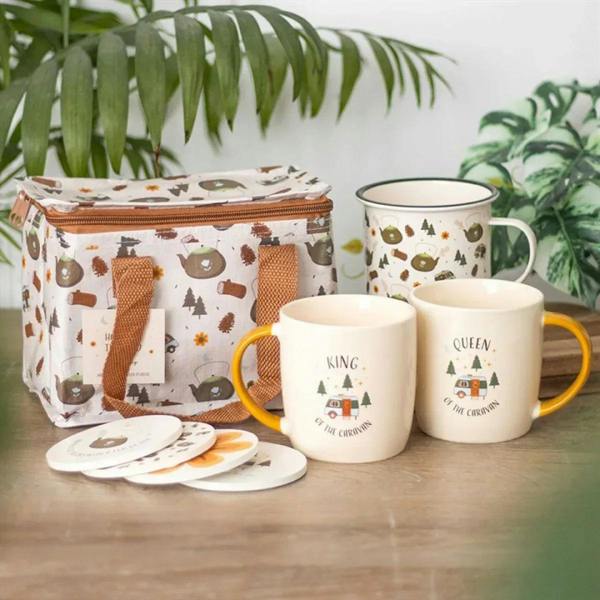 Camping print lunch bag with zip closure and tan webbing handles