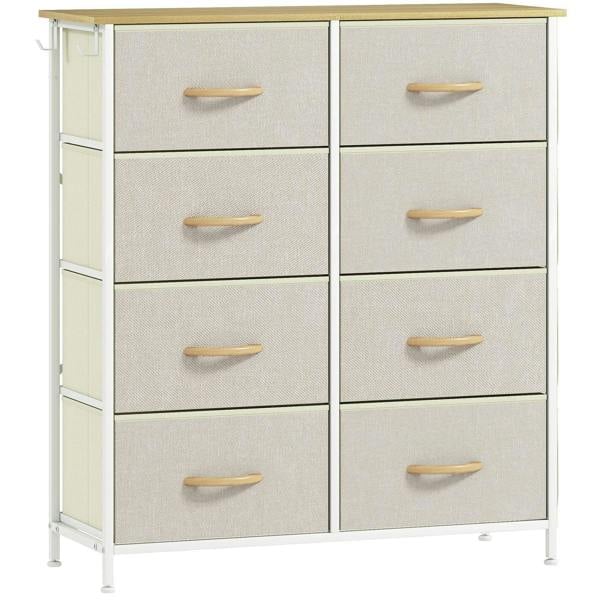 Beige fabric drawer chest with eight drawers and gold-toned pull handles