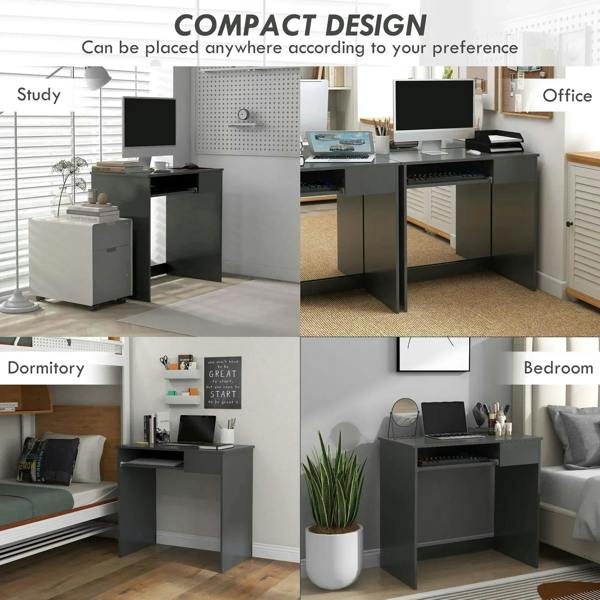 Grey compact computer desk with keyboard tray and drawer, shown in multiple room setups