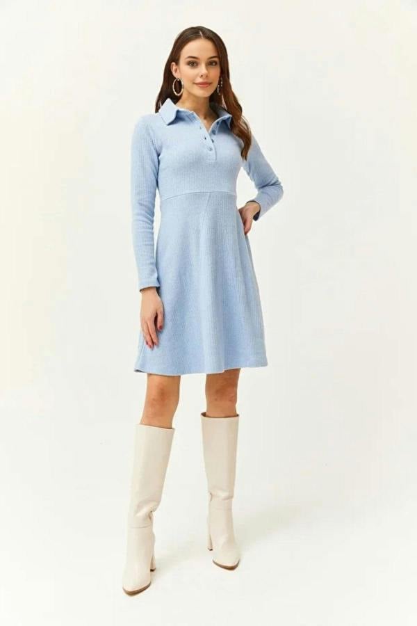 Hoxton Gal Polo Collar Buttoned Mini Flared Dress