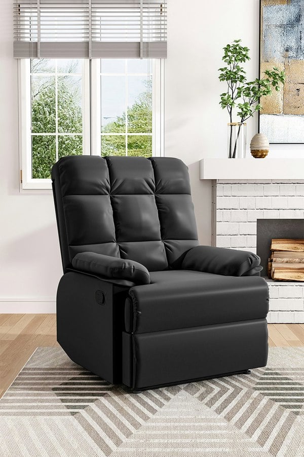 Living and Home Black Checkered Faux Leather Upholstered Recliner Armchair