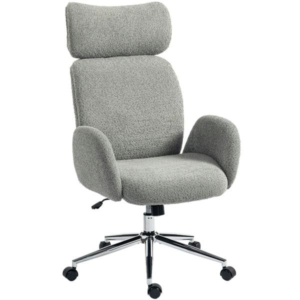 Charcoal grey boucle office chair with adjustable headrest, curved back, rolling base