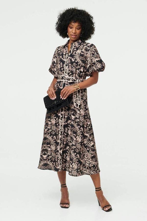 Black | Printed Puff Sleeve Tie Midi Shirt Dress
