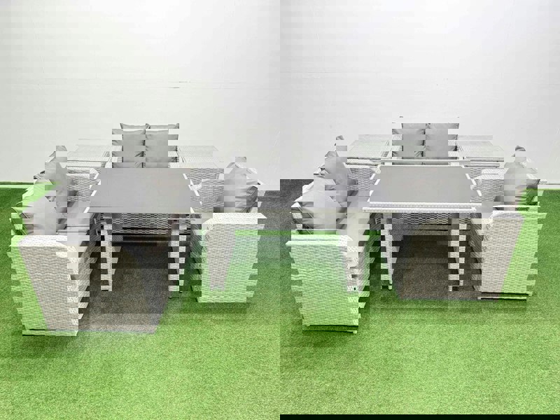 Fimous Rattan Sofa Outdoor Furniture with Dining Table,2 Side Tables,Love Sofa Patio Furniture Light Grey 5 Seater