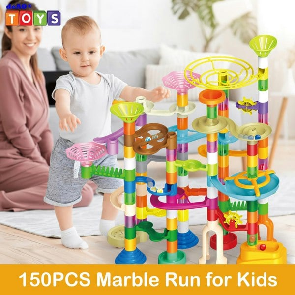 deAO Toys Kids' Marble Rolling Ball Track Set – Assembling Slides and Space Pipe Building Blocks
