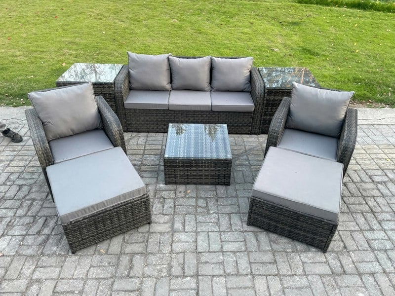 Fimous Patio Garden Furniture Sets Wicker 7 Seater Outdoor Rattan Furniture Sofa Sets with Square Coffee Table 2 Side Tables 2 Big Footstool