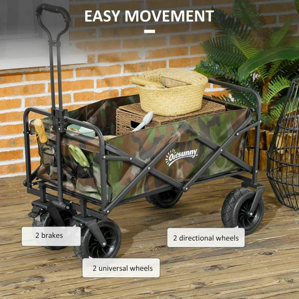 Folding garden trolley with camouflage fabric bed, multiple wheels, and brake lever controls