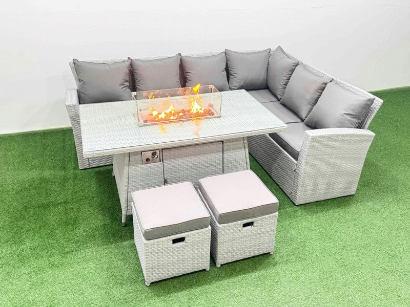 Fimous 8 Seat Rattan Garden Furniture Corner Sofa Set Outdoor Gas Fire Pit Table Set with 2 Small Footstools Light Grey