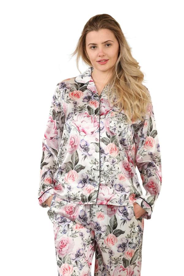 Women's Floral Satin Pajama Set with Pockets - Long Sleeve Button-Up Top and Full-Length Pants