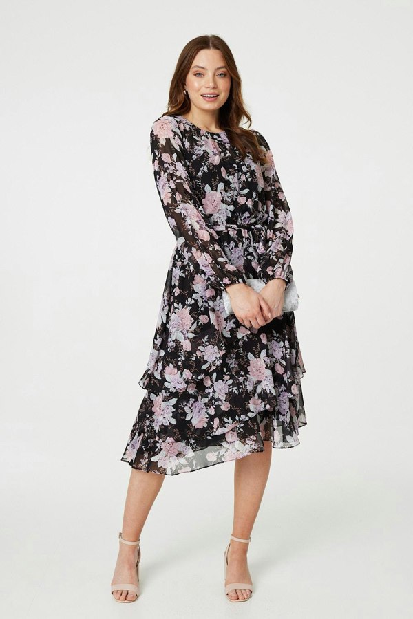 Black | Floral Semi Sheer Layered Hem Midi Dress
