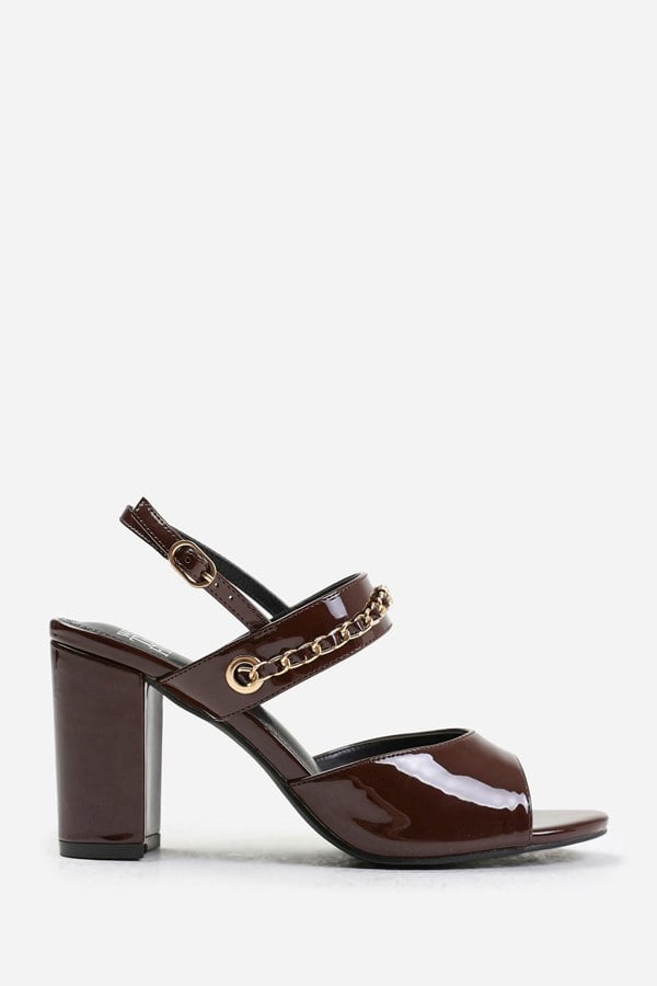 Where's That From Joella Wide Fit Mid Block Heels With Chain Detailing in Oxblood Patent