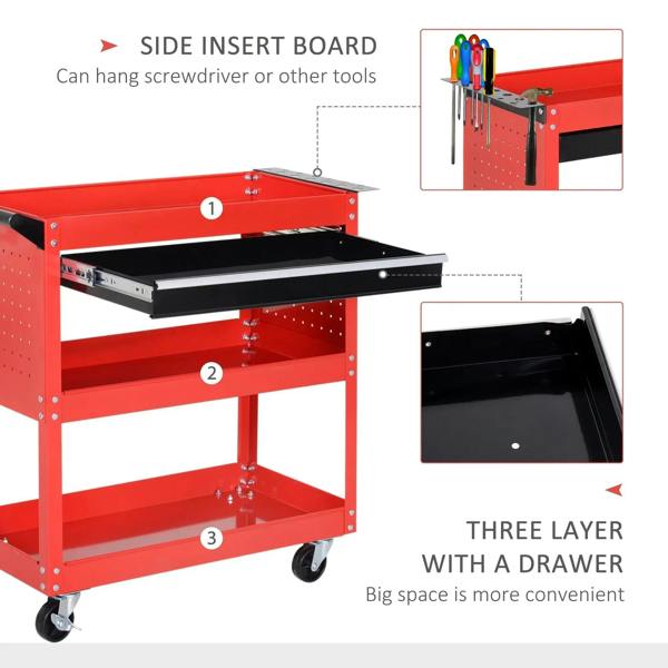 Red 3-tier tool trolley cart with drawer and side insert board for tools