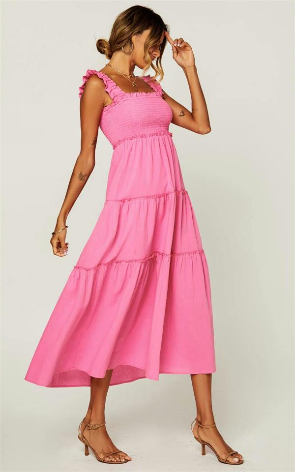 FS Collection Hem Detail Tiered Maxi Dress In Fuchsia Pink