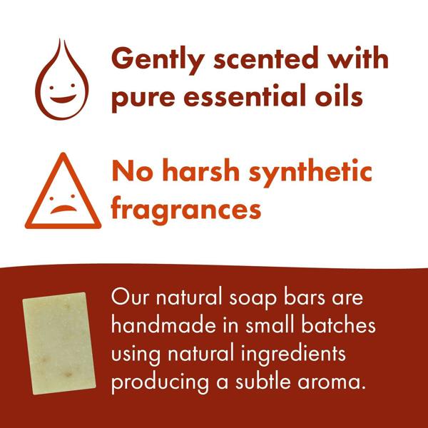 Informational graphic for a natural soap bar, featuring text that says 'Gently scented with pure essential oils' and 'No harsh synthetic fragrances' with corresponding icons, plus a photo of a small natural soap bar on a white and dark red background.