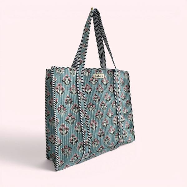 Hayley & Co Pale Blue and Pink Ditsy Floral Quilted Cotton Tote Bag