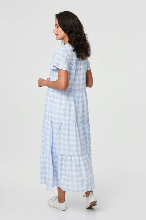 Blue | Checked Short Sleeve Tiered Maxi Dress
