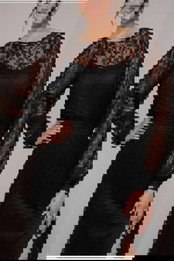 Lace Long Sleeve Shirred Waist Maxi Dress - Black DR4805PLUS