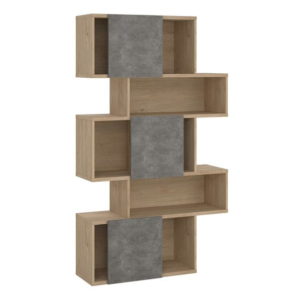 Furniture To Go Maze Asymmetrical Bookcase with 3 Doors in Jackson Hickory and Concrete