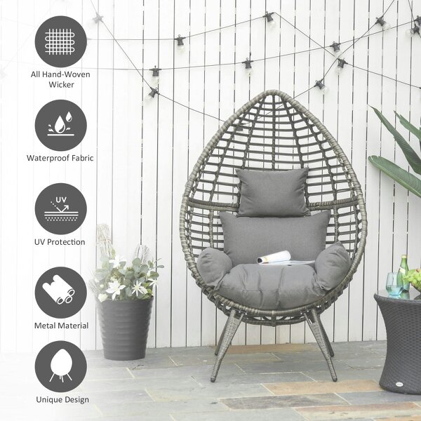 Wyld Haus Luyono Rattan Rope Grey Teardrop Outdoor Egg Chair With Cushions