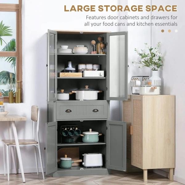 Grey kitchen pantry cupboard with open doors, middle shelves, and lower storage compartments