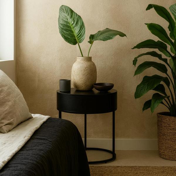 Wyld Haus Allegro Black Oak and Metal Round Bedside Table with Drawer