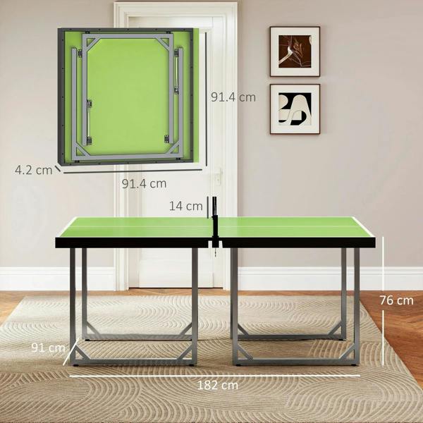 Green ping pong table with net, showing front and side measurement layout on the tabletop.