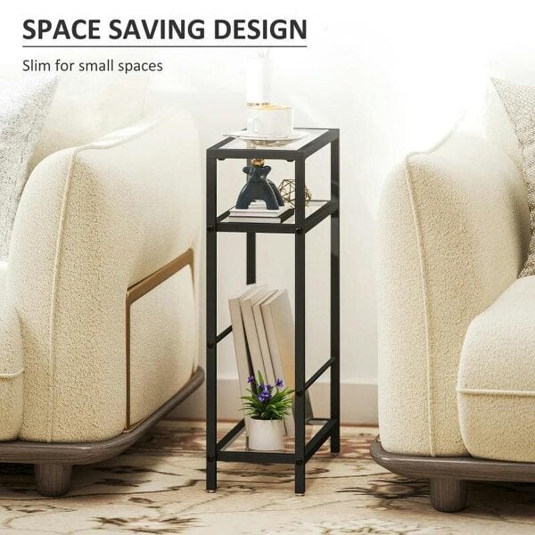 3-Tier Side Table, Narrow End Table with Storage Shelf and Tempered Glass Tabletop for Small Spaces, Black