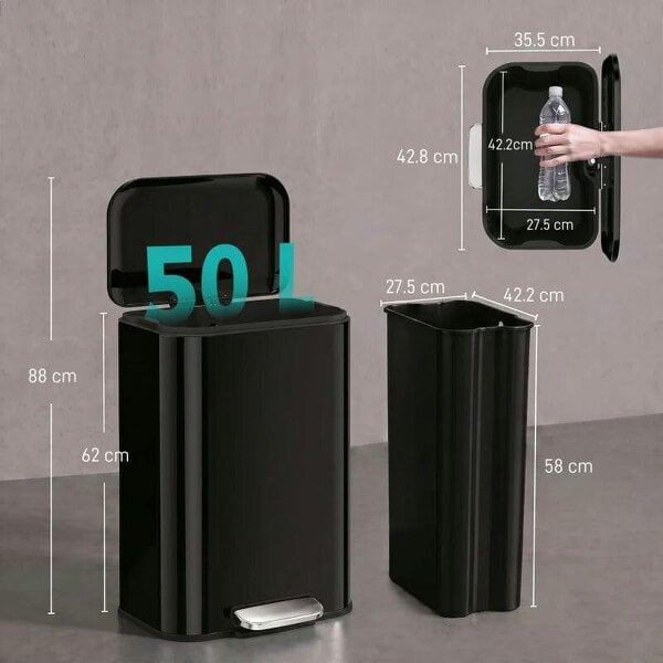50 L Kitchen Pedal Bin, Metal Rubbish Bin with Removable Inner Bucket, Soft-Close & Stay-Open Lid, High Gloss Black