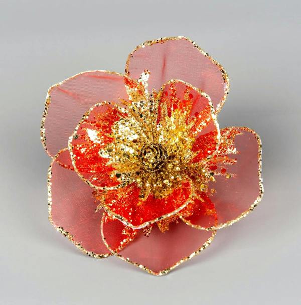 15cm Glitter Poinsettia Christmas Decoration with Metal Clip, Rose Gold Velvet Net, 6 Pack image 5