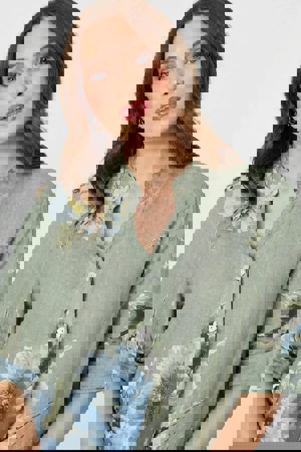 Sage | Floral Relaxed Turn-Up Sleeve Blouse
