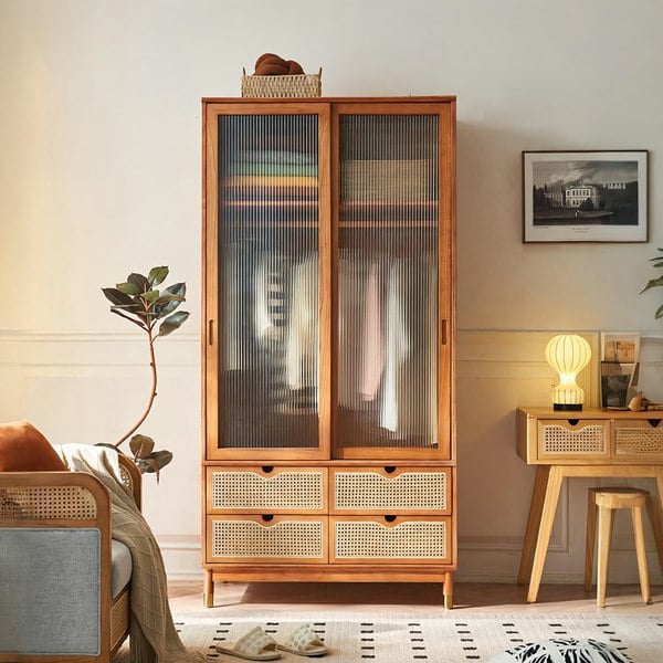 Fritzy Rattan Wardrobe With Coat Hanger & Sliding Glass Doors-Weilai Concept-Weilai Concept