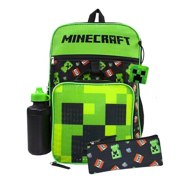 Minecraft TNT Creeper Backpack Set (Pack of 5 items ideal for school) - Black/Green