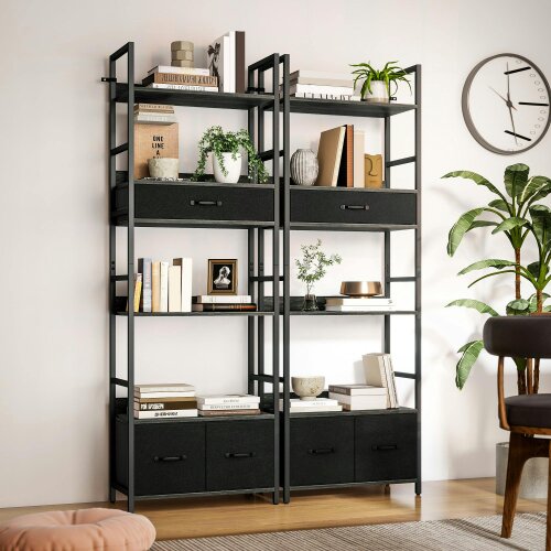 Wyld Haus Laro Metal And Wood Grey And Black Industrial Bookcase With 4 Shelves And Fabric Drawers