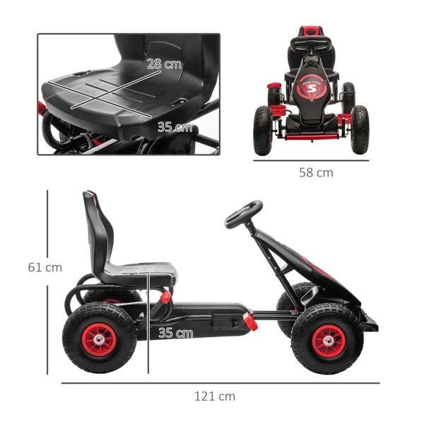 Kids pedal go-kart with adjustable seat, black body and red wheels; side and front views