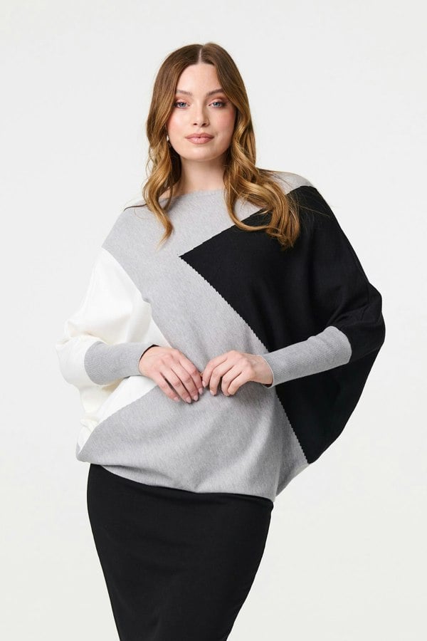 Grey | Colour Block Oversized Batwing Jumper
