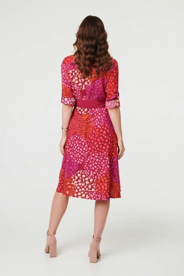 Pink | Printed Long Sleeve Collared Midi Dress
