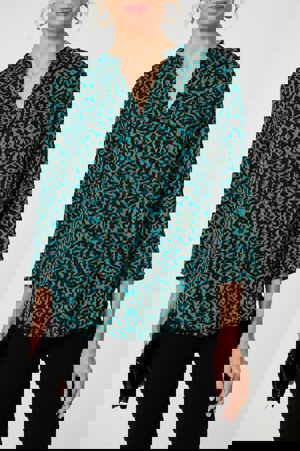 Green | Aztec Print 3/4 Sleeve Curve Hem Blouse